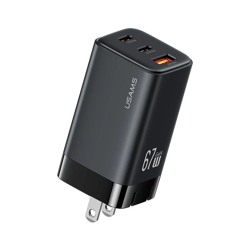USAMS CC272 67W GaN 3-Port Fast Charger USB + 2 Type-C Phone Tablet Laptop Power Adapter, US Plug - Black
