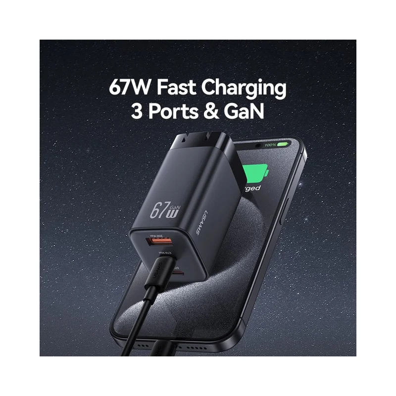 USAMS CC272 67W GaN 3-Port Fast Charger USB + 2 Type-C Phone Tablet Laptop Power Adapter, US Plug - Black