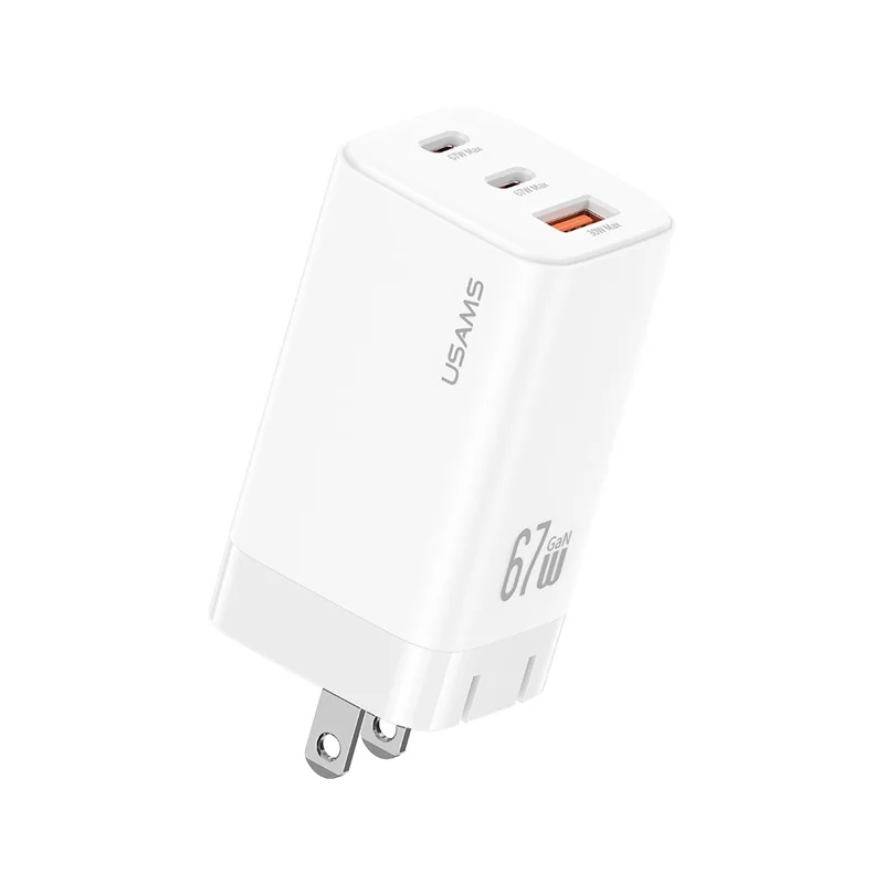 USAMS CC272 67W GaN 3-Port Fast Charger USB + 2 Type-C Phone Tablet Laptop Power Adapter, US Plug - White