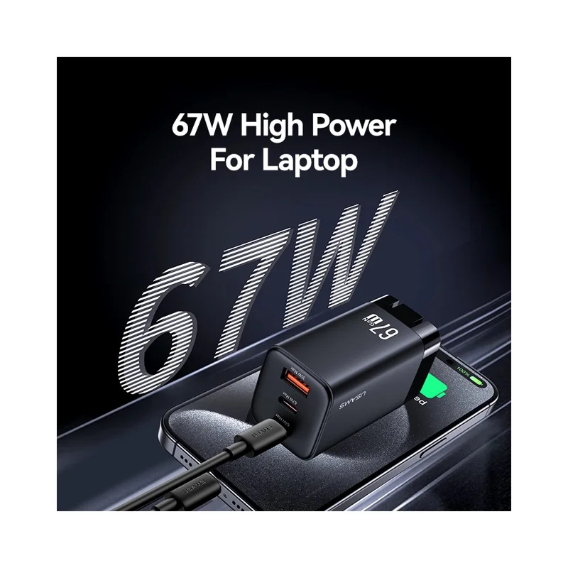 USAMS CC272 67W GaN 3-Port Fast Charger USB + 2 Type-C Phone Tablet Laptop Power Adapter, US Plug - White