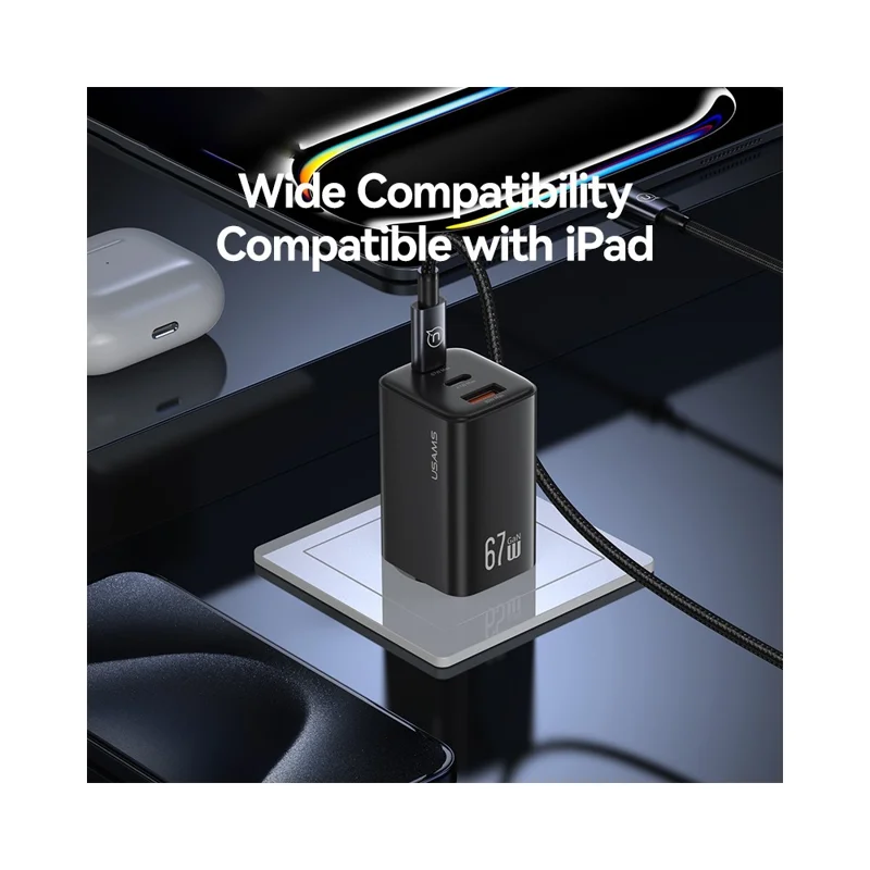 USAMS CC272 67W GaN 3-Port Fast Charger USB + 2 Type-C Phone Tablet Laptop Power Adapter, US Plug - White