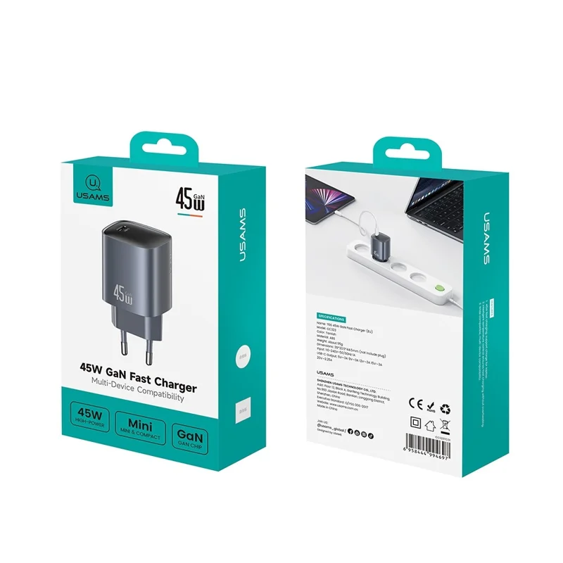 USAMS T66 45W Caricatore GaN Veloce Portatile Adattatore di Alimentazione per Telefono / Tablet / Laptop, Spina EU