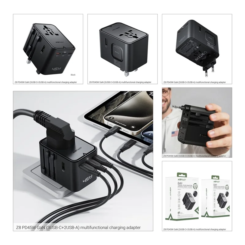 ACEFAST Z8 PD 45W GaN Charger 3 USB-C + 2 USB-A Multifunctional International Travel Adapter