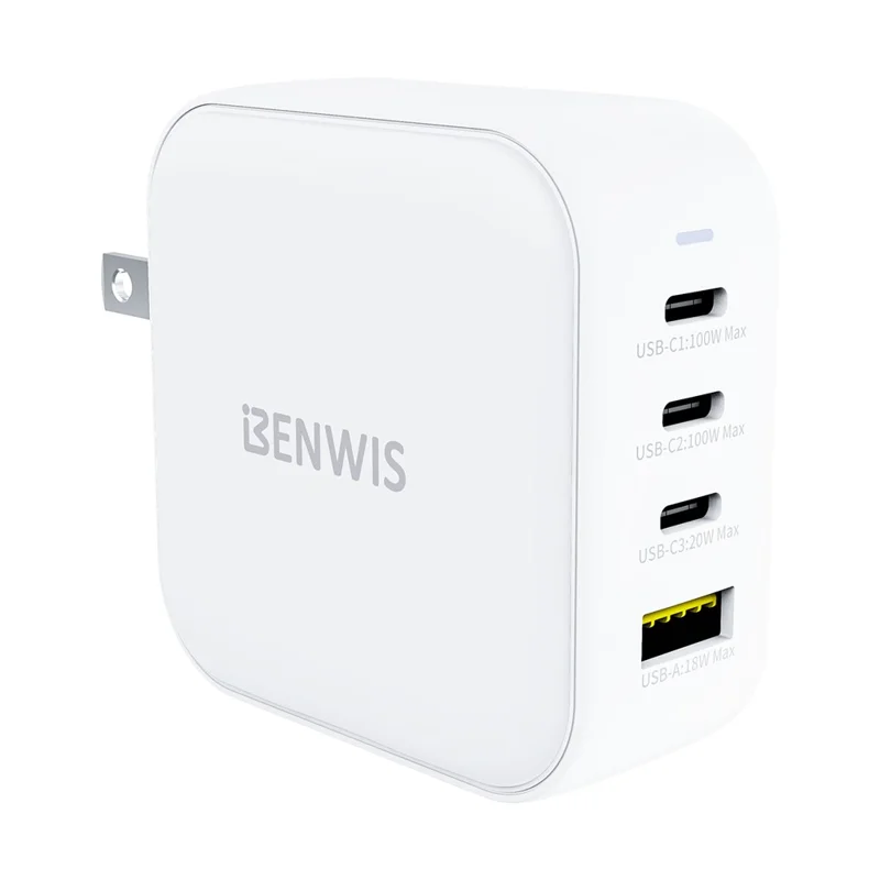 BENWIS 100W GaN Charger Laptops Smartphones 3 USB-C + 1 USB-A Fast Charging Adapter - US Plug