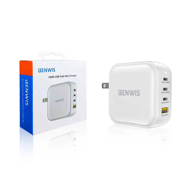 BENWIS 100W GaN Charger Laptops Smartphones 3 USB-C + 1 USB-A Fast Charging Adapter - US Plug