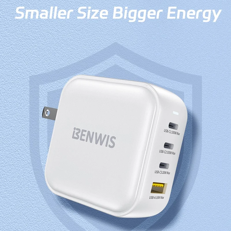 BENWIS 100W GaN Charger Laptops Smartphones 3 USB-C + 1 USB-A Fast Charging Adapter - US Plug