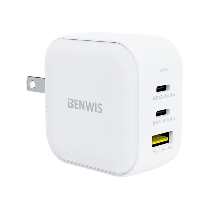 BENWIS 65W GaN Wall Charger 2 USB-C + 1 USB-A Laptop Phones Fast Charging Adapter - US Plug