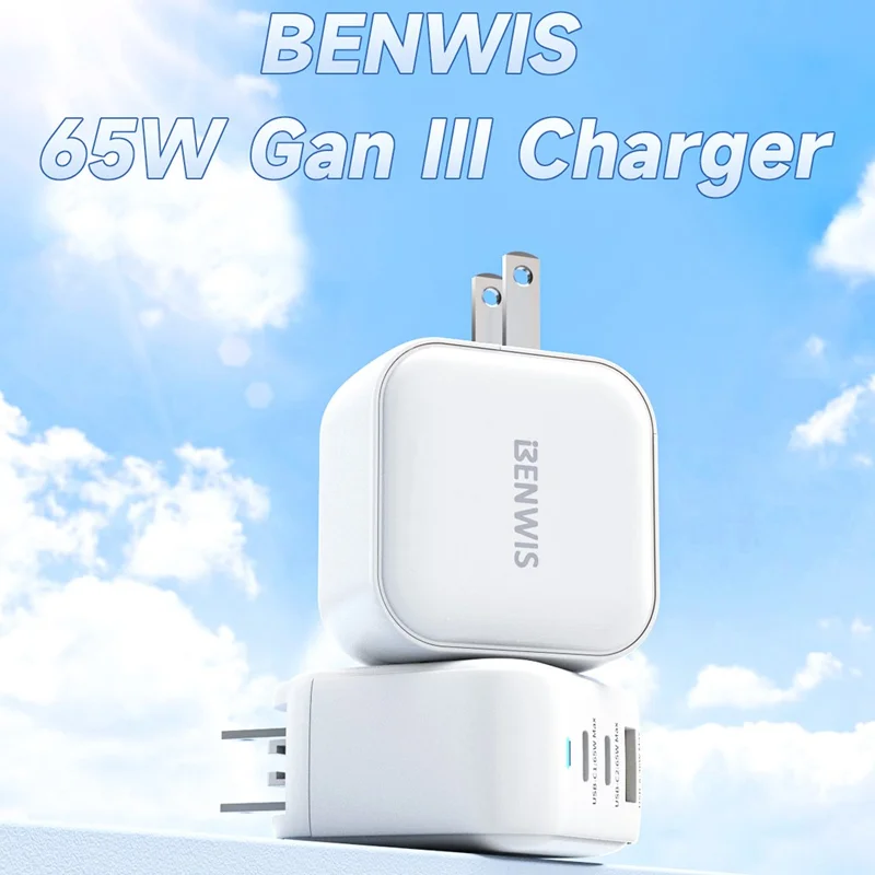 BENWIS 65W GaN Wall Charger 2 USB-C + 1 USB-A Laptop Phones Fast Charging Adapter - US Plug