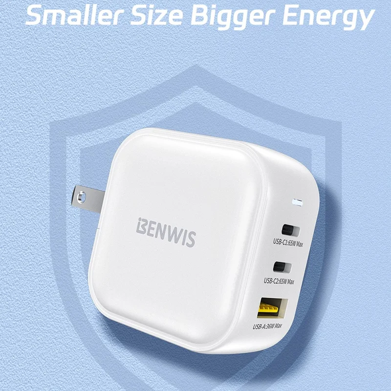 BENWIS 65W GaN Wall Charger 2 USB-C + 1 USB-A Laptop Phones Fast Charging Adapter - US Plug