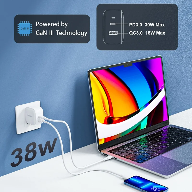 BENWIS 38W GaN Fast Charger Laptops Smartphones USB-C PD USB-A QC3.0 Charging Adapter - US Plug