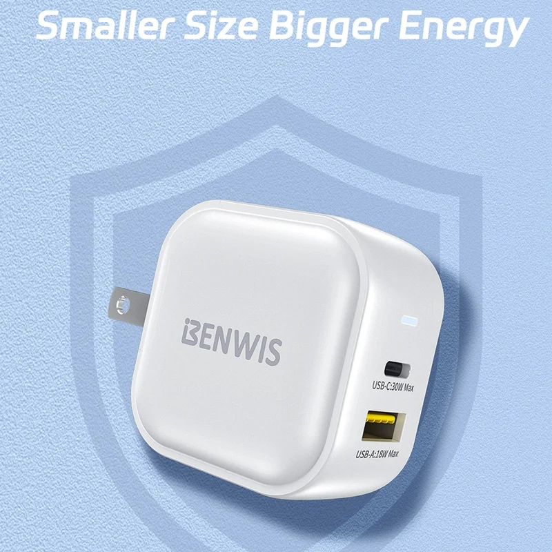 BENWIS 38W GaN Fast Charger Laptops Smartphones USB-C PD USB-A QC3.0 Charging Adapter - US Plug