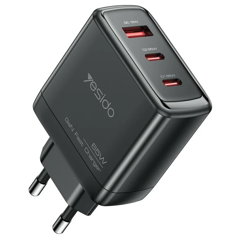 YESIDO YC144 EU Plug 65W GaN Charger 2 USB C + 1 USB A Fast Charging Adapter Multi-Protocol Compatible