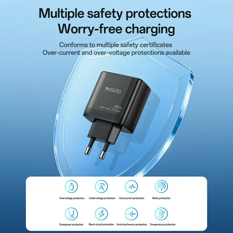 YESIDO YC144 EU Plug 65W GaN Charger 2 USB C + 1 USB A Fast Charging Adapter Multi-Protocol Compatible