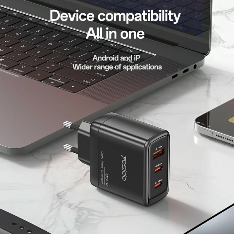 YESIDO YC144 EU Plug 65W GaN Charger 2 USB C + 1 USB A Fast Charging Adapter Multi-Protocol Compatible