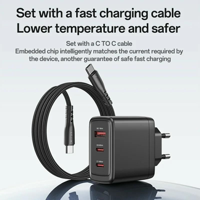 YESIDO YC144 EU Plug 65W GaN Charger 2 USB C + 1 USB A Fast Charging Adapter Multi-Protocol Compatible