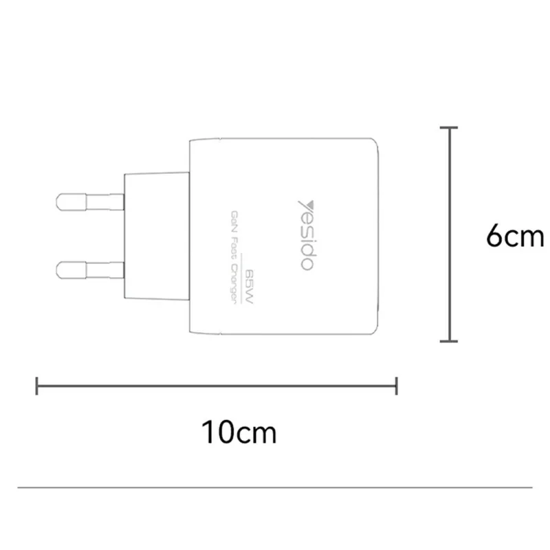YESIDO YC144 EU Plug 65W GaN Charger 2 USB C + 1 USB A Fast Charging Adapter Multi-Protocol Compatible