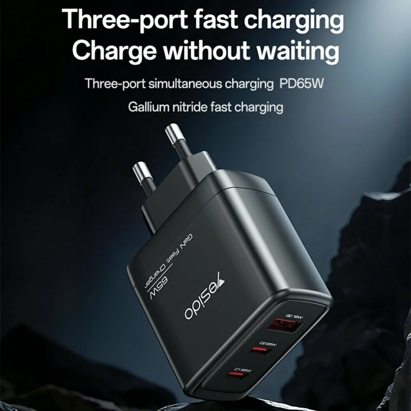 YESIDO YC144 EU Plug 65W GaN Charger 2 USB C + 1 USB A Fast Charging Adapter Multi-Protocol Compatible