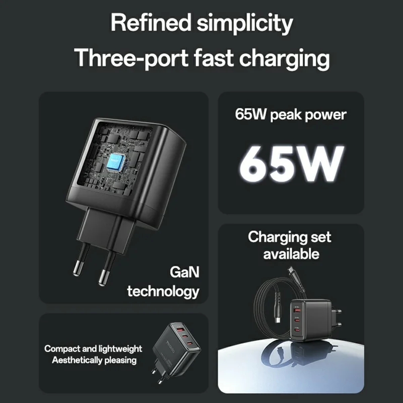 YESIDO YC144 EU Plug 65W GaN Charger 2 USB C + 1 USB A Fast Charging Adapter Multi-Protocol Compatible