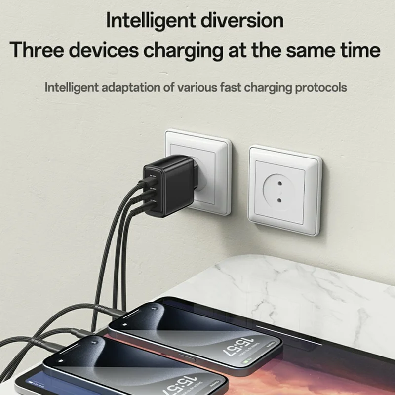 YESIDO YC144 EU Plug 65W GaN Charger 2 USB C + 1 USB A Fast Charging Adapter Multi-Protocol Compatible