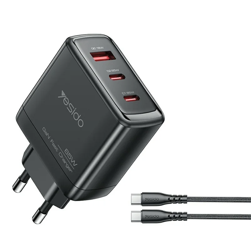YESIDO YC144C EU Plug 65W GaN Charger 2 USB C + 1 USB A Fast Charging Adapter Multi-Protocol Compatible, with 1.2m Type C Cable