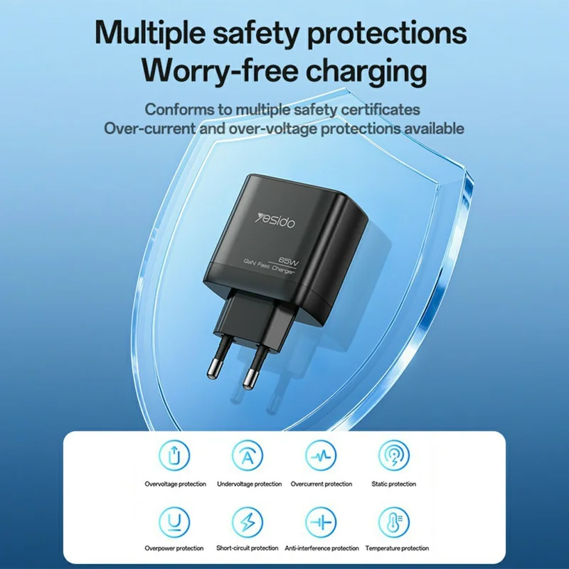 YESIDO YC144C EU Plug 65W GaN Charger 2 USB C + 1 USB A Fast Charging Adapter Multi-Protocol Compatible, with 1.2m Type C Cable