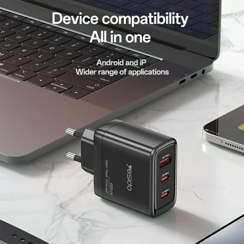 YESIDO YC144C EU Plug 65W GaN Charger 2 USB C + 1 USB A Fast Charging Adapter Multi-Protocol Compatible, with 1.2m Type C Cable