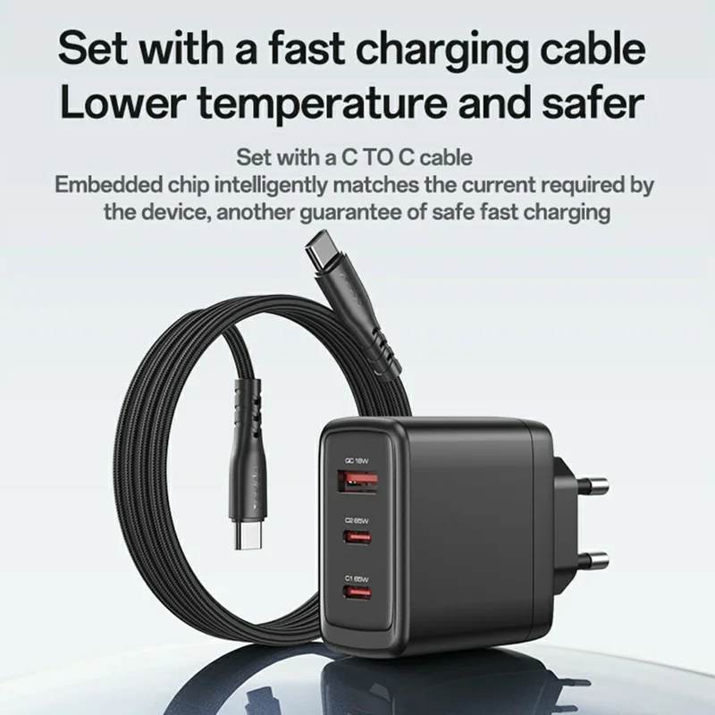 YESIDO YC144C EU Plug 65W GaN Charger 2 USB C + 1 USB A Fast Charging Adapter Multi-Protocol Compatible, with 1.2m Type C Cable