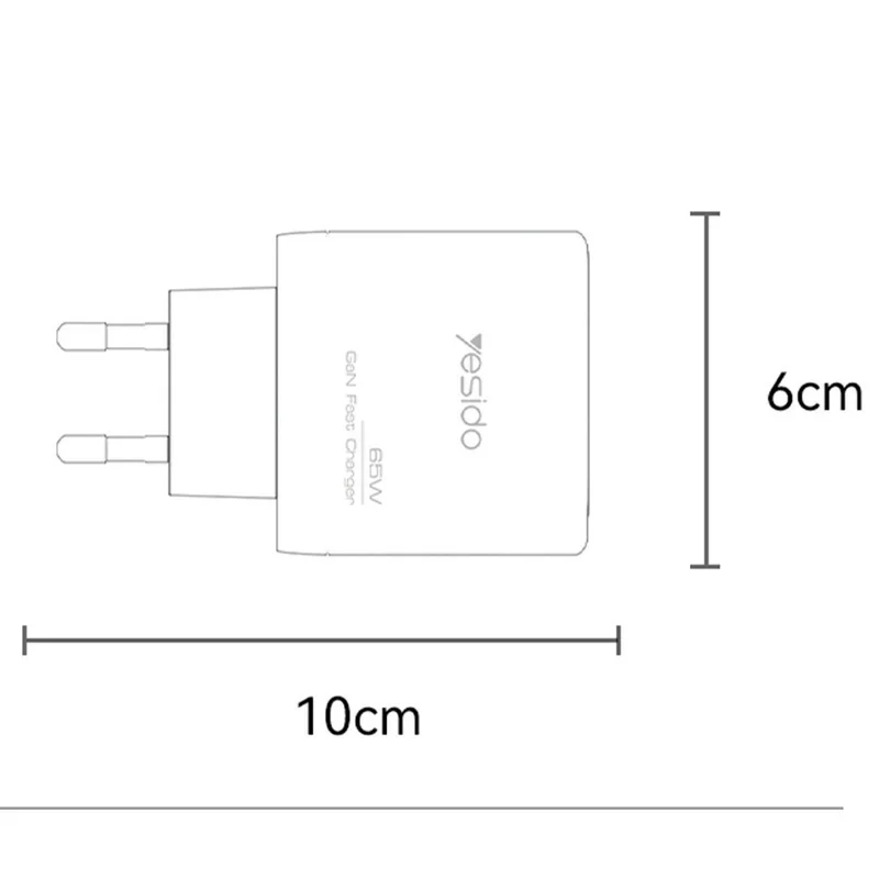 YESIDO YC144C EU Plug 65W GaN Charger 2 USB C + 1 USB A Fast Charging Adapter Multi-Protocol Compatible, with 1.2m Type C Cable