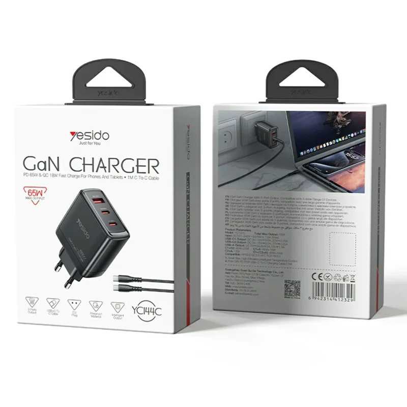 YESIDO YC144C EU Plug 65W GaN Charger 2 USB C + 1 USB A Fast Charging Adapter Multi-Protocol Compatible, with 1.2m Type C Cable