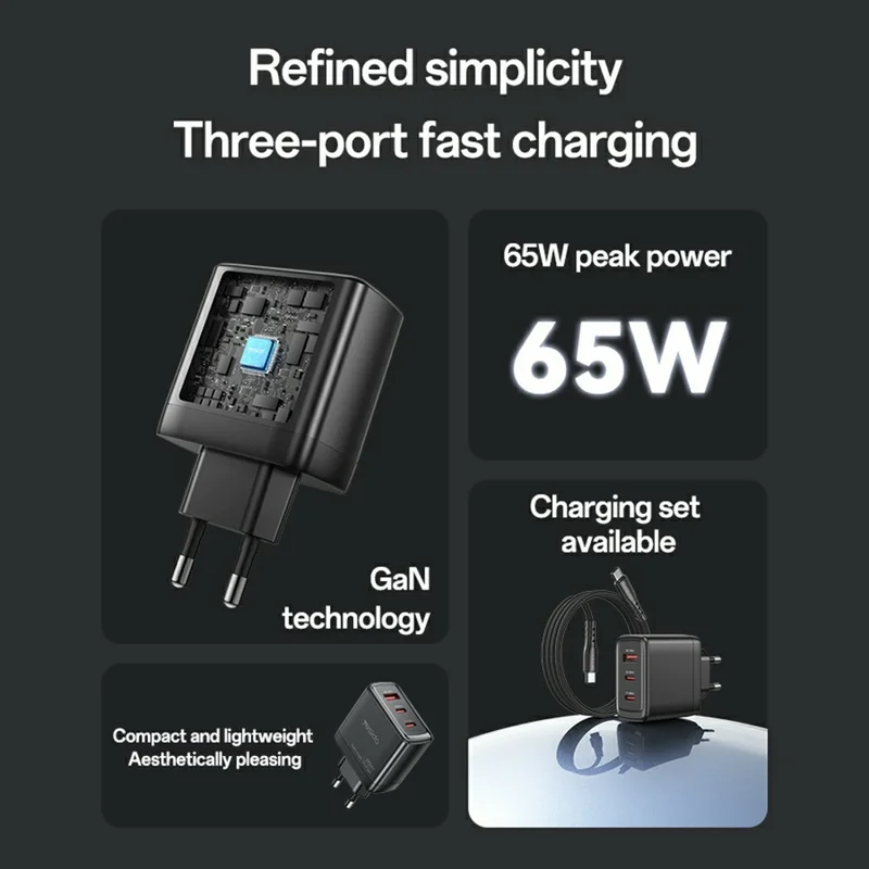 YESIDO YC144C EU Plug 65W GaN Charger 2 USB C + 1 USB A Fast Charging Adapter Multi-Protocol Compatible, with 1.2m Type C Cable