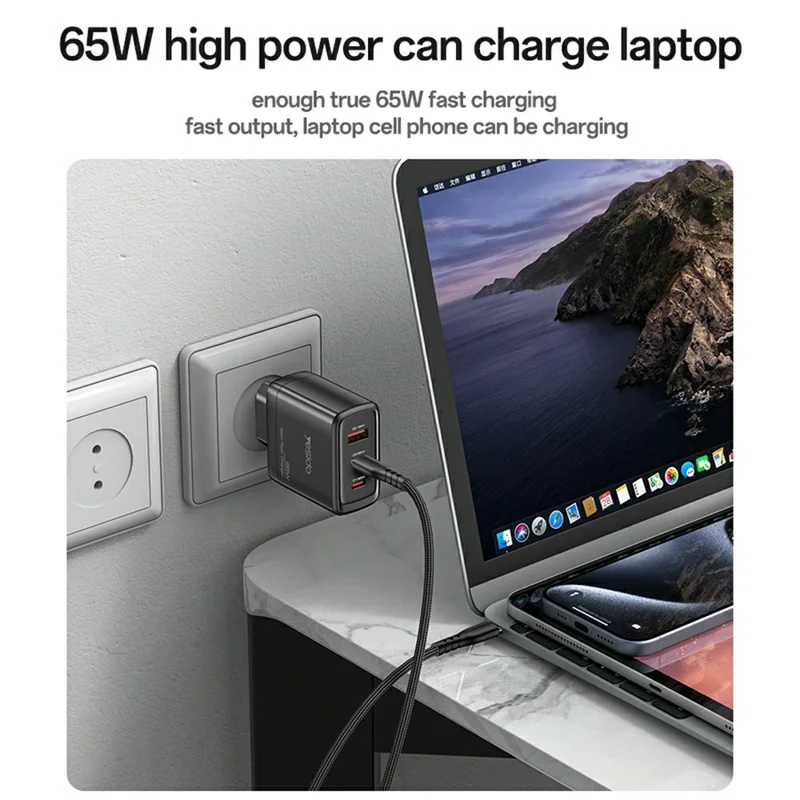 YESIDO YC144C EU Plug 65W GaN Charger 2 USB C + 1 USB A Fast Charging Adapter Multi-Protocol Compatible, with 1.2m Type C Cable