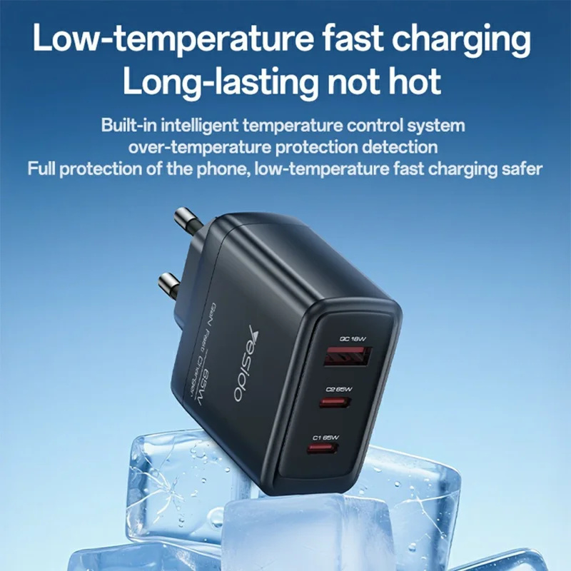 YESIDO YC144C EU Plug 65W GaN Charger 2 USB C + 1 USB A Fast Charging Adapter Multi-Protocol Compatible, with 1.2m Type C Cable