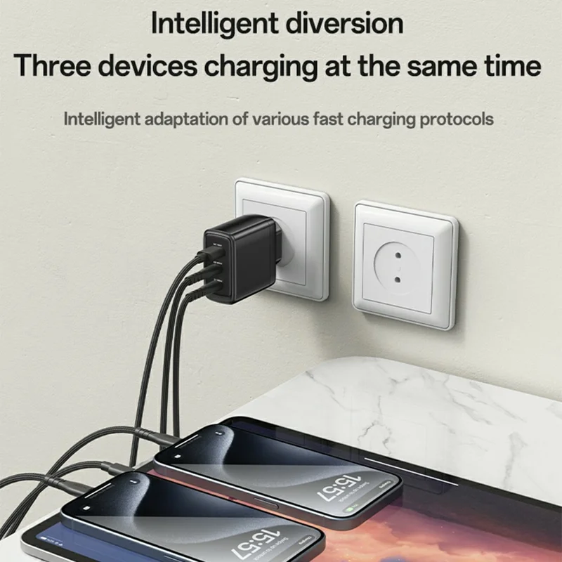 YESIDO YC144C EU Plug 65W GaN Charger 2 USB C + 1 USB A Fast Charging Adapter Multi-Protocol Compatible, with 1.2m Type C Cable