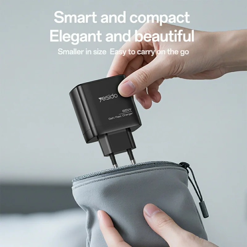 YESIDO YC144C EU Plug 65W GaN Charger 2 USB C + 1 USB A Fast Charging Adapter Multi-Protocol Compatible, with 1.2m Type C Cable