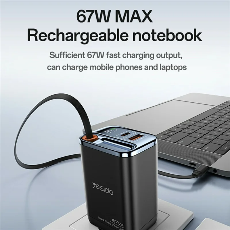 YESIDO YC100 EU Plug 67W GaN Charger with 65cm Retractable Type C Cable Digital Display Fast Charging Adapter