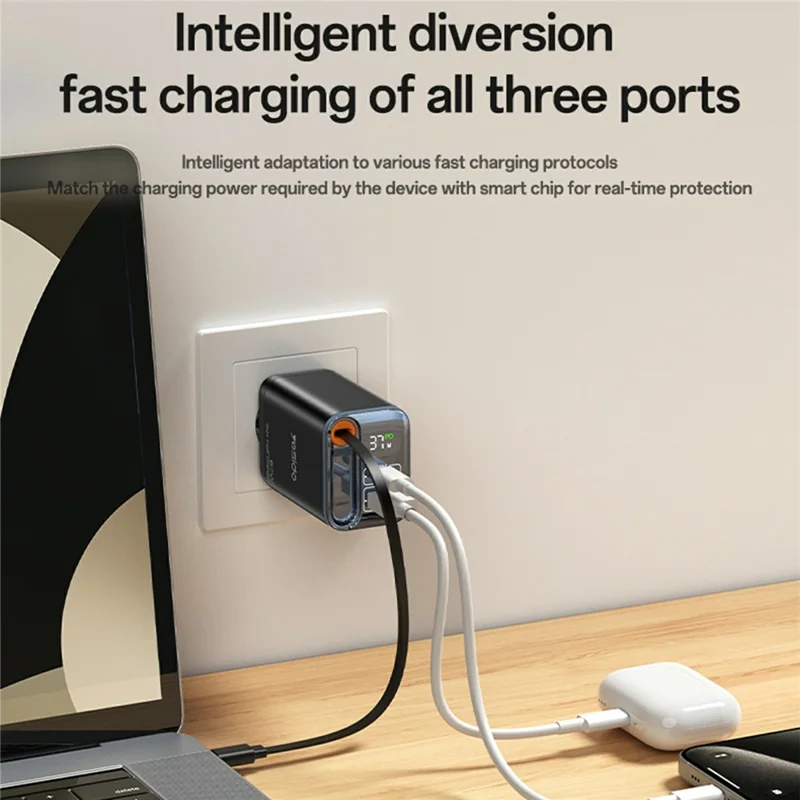 YESIDO YC100 EU Plug 67W GaN Charger with 65cm Retractable Type C Cable Digital Display Fast Charging Adapter