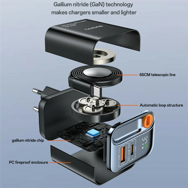YESIDO YC100 EU Plug 67W GaN Charger with 65cm Retractable Type C Cable Digital Display Fast Charging Adapter