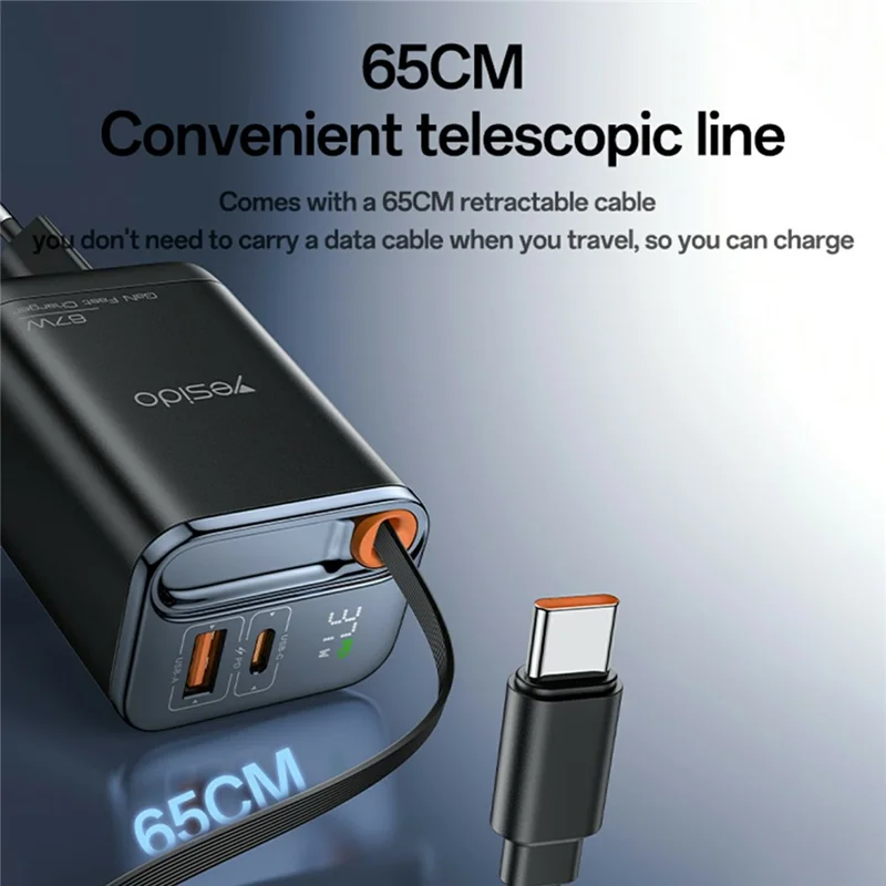 YESIDO YC100 EU Plug 67W GaN Charger with 65cm Retractable Type C Cable Digital Display Fast Charging Adapter