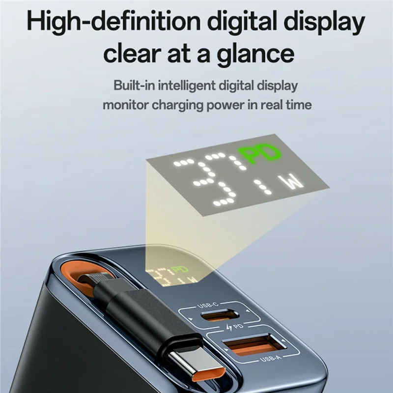 YESIDO YC100 EU Plug 67W GaN Charger with 65cm Retractable Type C Cable Digital Display Fast Charging Adapter