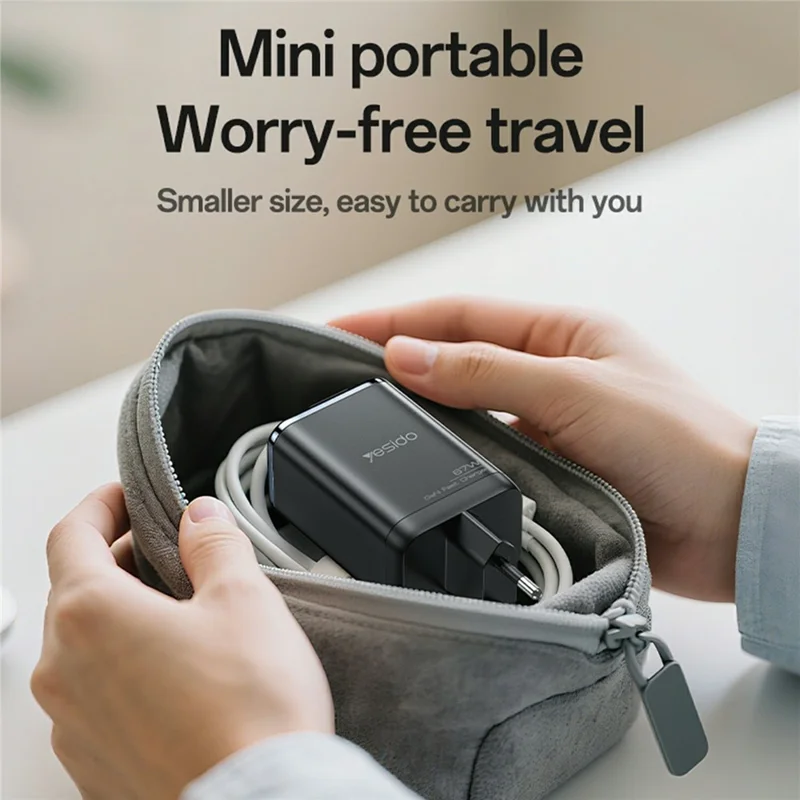 YESIDO YC100 EU Plug 67W GaN Charger with 65cm Retractable Type C Cable Digital Display Fast Charging Adapter