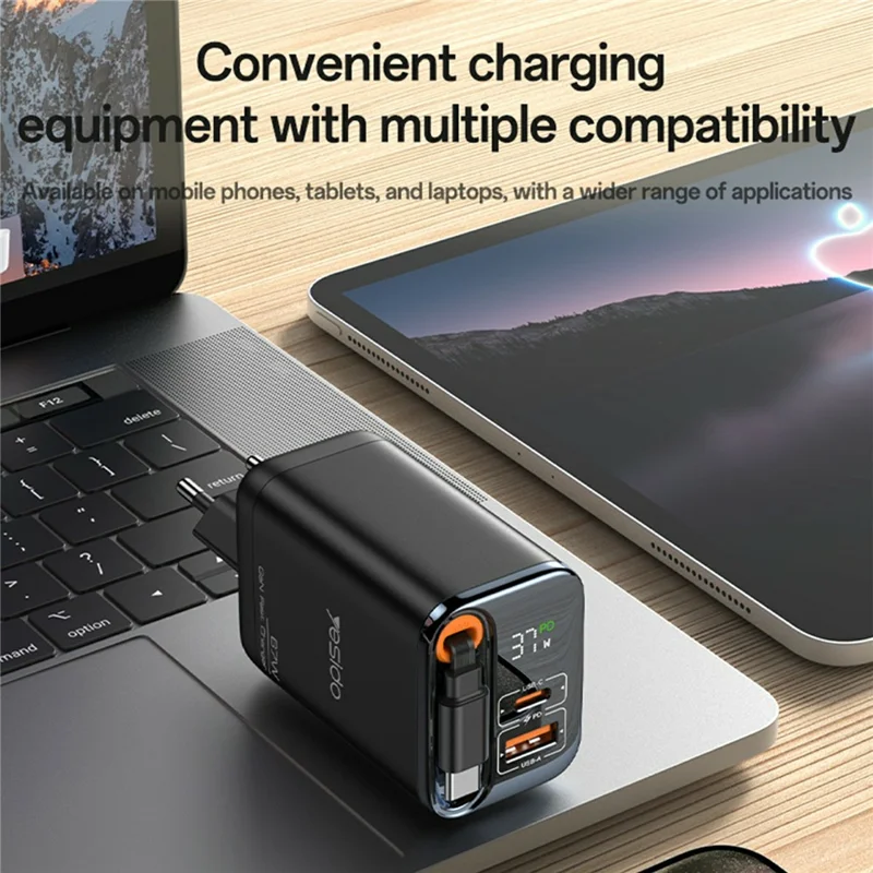 YESIDO YC100 EU Plug 67W GaN Charger with 65cm Retractable Type C Cable Digital Display Fast Charging Adapter