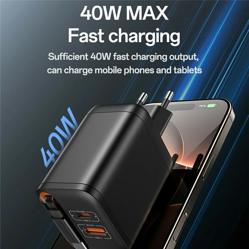 YESIDO YC99 EU Plug 40W Fast Charger with Retractable Type C Cable USB A + USB C Dual Ports GaN Charging Adapter