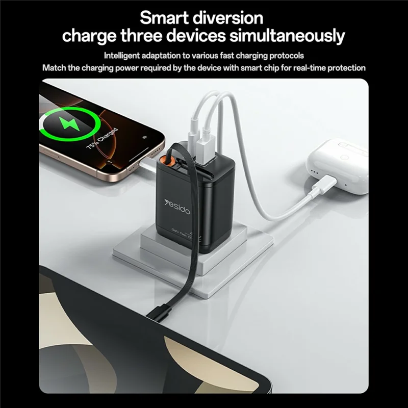 YESIDO YC99 EU Plug 40W Fast Charger with Retractable Type C Cable USB A + USB C Dual Ports GaN Charging Adapter