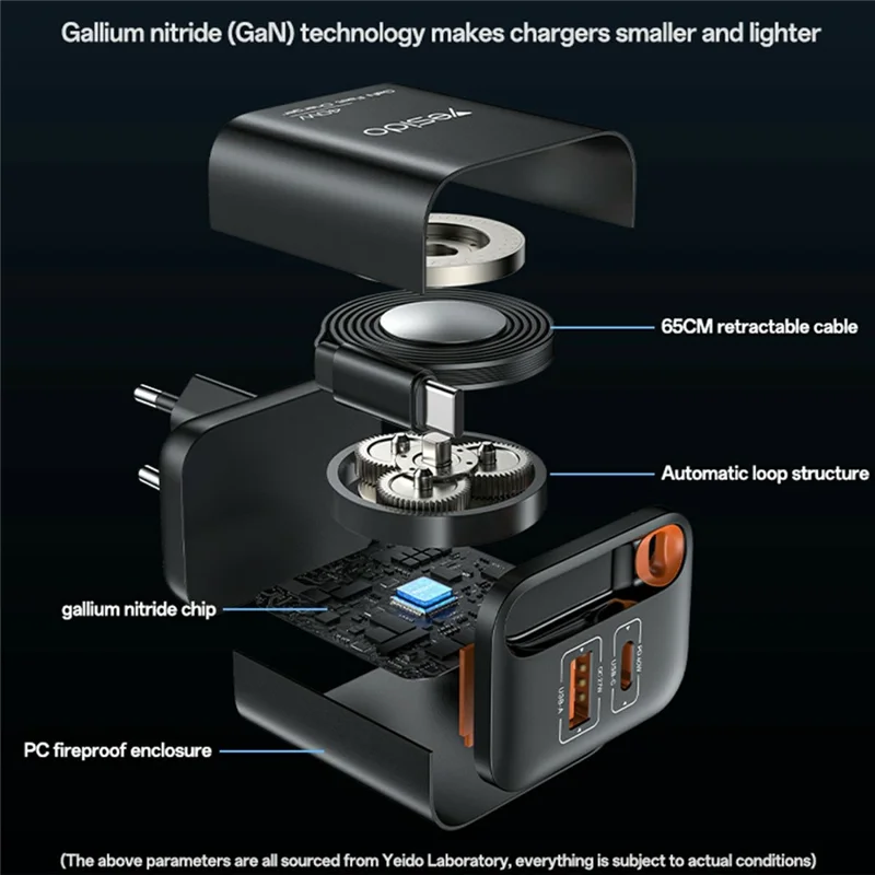 YESIDO YC99 EU Plug 40W Fast Charger with Retractable Type C Cable USB A + USB C Dual Ports GaN Charging Adapter