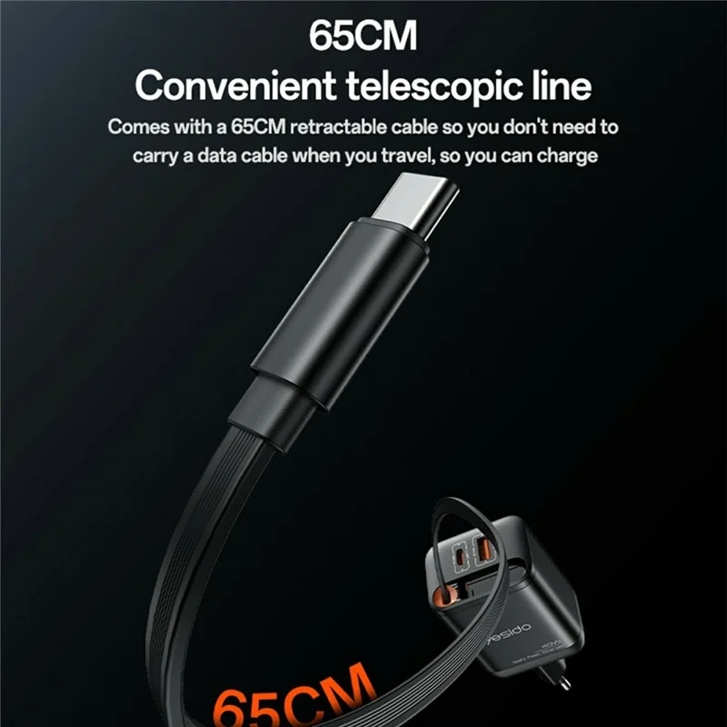 YESIDO YC99 EU Plug 40W Fast Charger with Retractable Type C Cable USB A + USB C Dual Ports GaN Charging Adapter