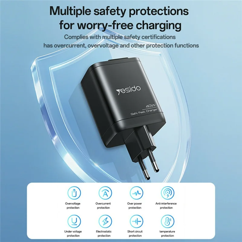 YESIDO YC99 EU Plug 40W Fast Charger with Retractable Type C Cable USB A + USB C Dual Ports GaN Charging Adapter
