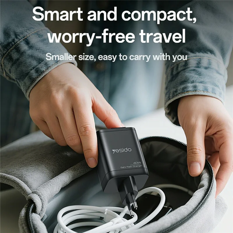 YESIDO YC99 EU Plug 40W Fast Charger with Retractable Type C Cable USB A + USB C Dual Ports GaN Charging Adapter