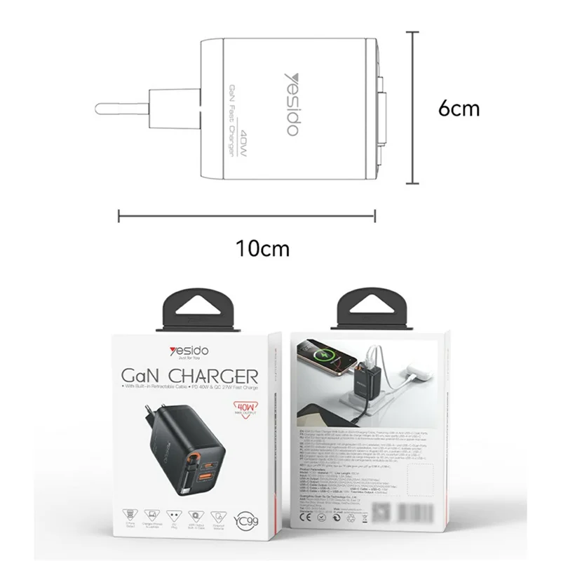 YESIDO YC99 EU Plug 40W Fast Charger with Retractable Type C Cable USB A + USB C Dual Ports GaN Charging Adapter