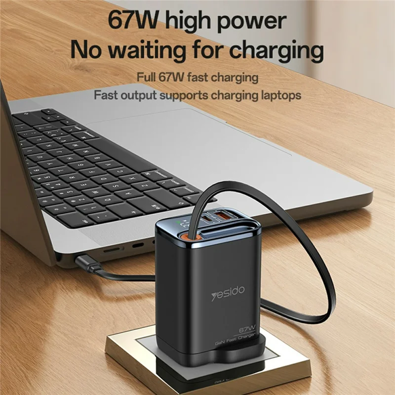 YESIDO YC146 UK Plug 67W GaN Charger with Retractable Type C Cable Digital Display Fast Charging Adapter