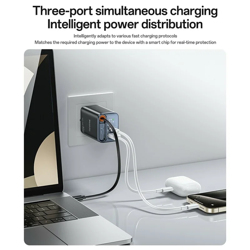 YESIDO YC146 UK Plug 67W GaN Charger with Retractable Type C Cable Digital Display Fast Charging Adapter